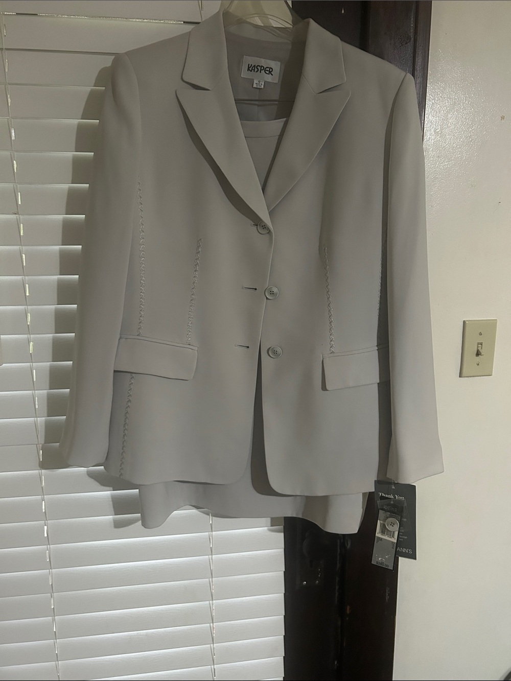 Kasper Pale Gray Classic Notch-Lapel Blazer with matching skirt